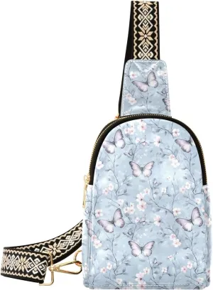 Floral Butterfly Full-Print Leather Fashion Waist Pack Small Crossbody Bag with Card Slots & Adjustable Strap for Biking Shopping Hiking Running & Casual Outings