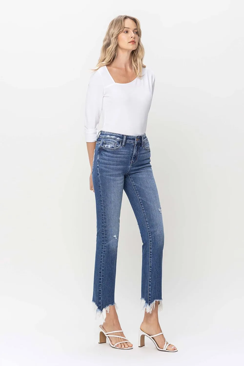 Flying Monkey - Mid Rise Distressed Hem Ankle Bootcut Jean - F5011