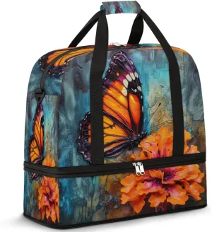 Foldable Travel Duffel Bag Tote Carry on Luggage Bag Butterly And Flower Alcohol Ink Sports Gym Bag with Shoes Compartment Small Overnight Weekender Bag for Women Men