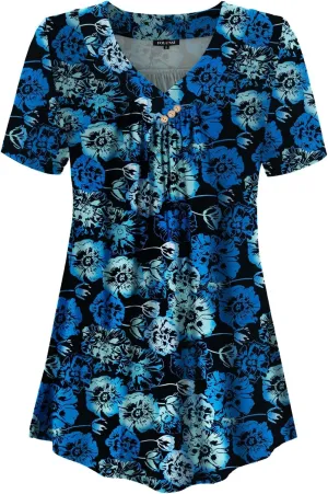 FOLUNSI Women’s Plus Size Short Sleeve Henley Shirt V Neck Floral Blouses Tunic Tops M-4XL