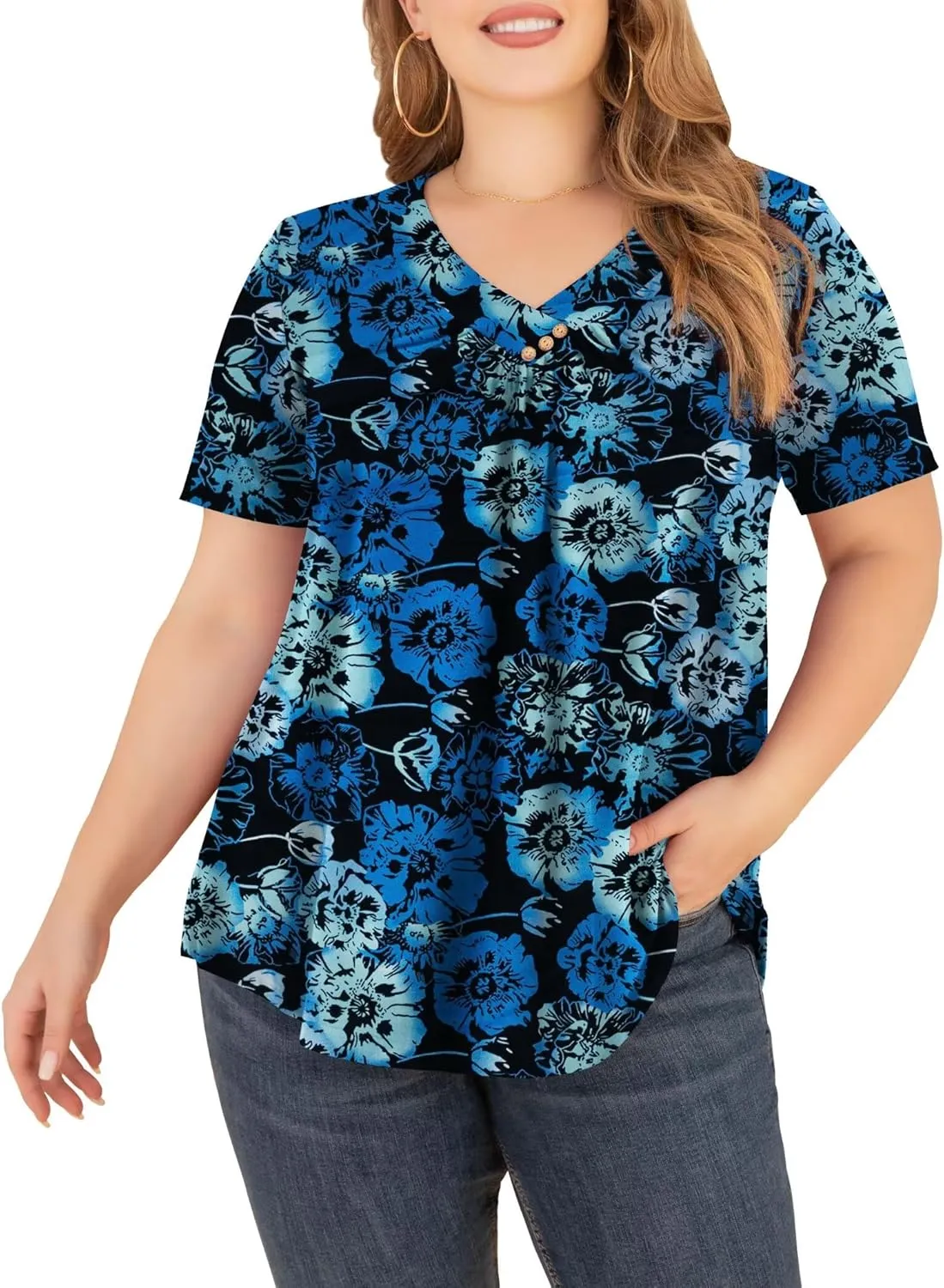 FOLUNSI Women’s Plus Size Short Sleeve Henley Shirt V Neck Floral Blouses Tunic Tops M-4XL