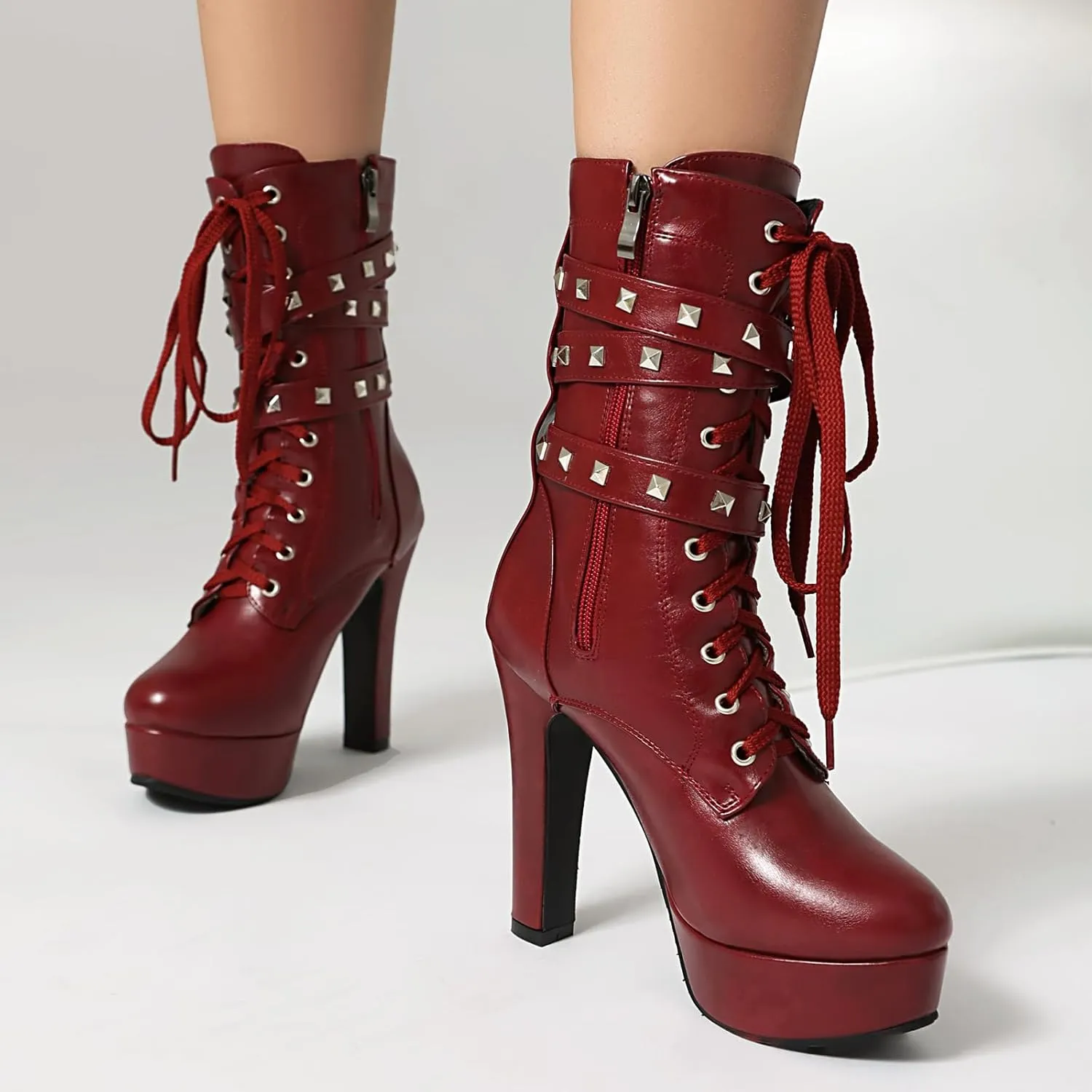 ForeMode Women's Goth Leather Block Heel Ankle Boots Fashion Studded Ankle Strap Trim Punk Boots