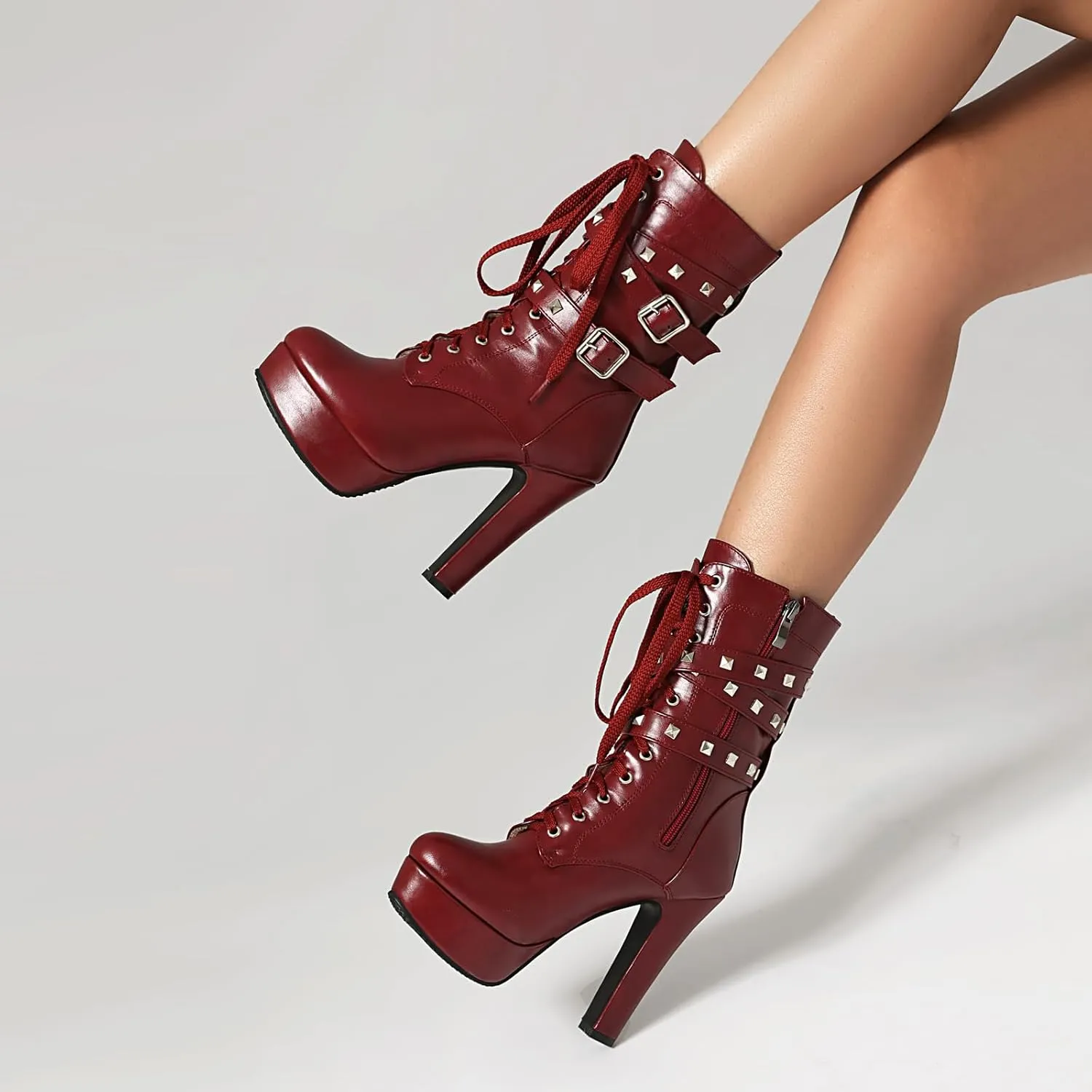 ForeMode Women's Goth Leather Block Heel Ankle Boots Fashion Studded Ankle Strap Trim Punk Boots
