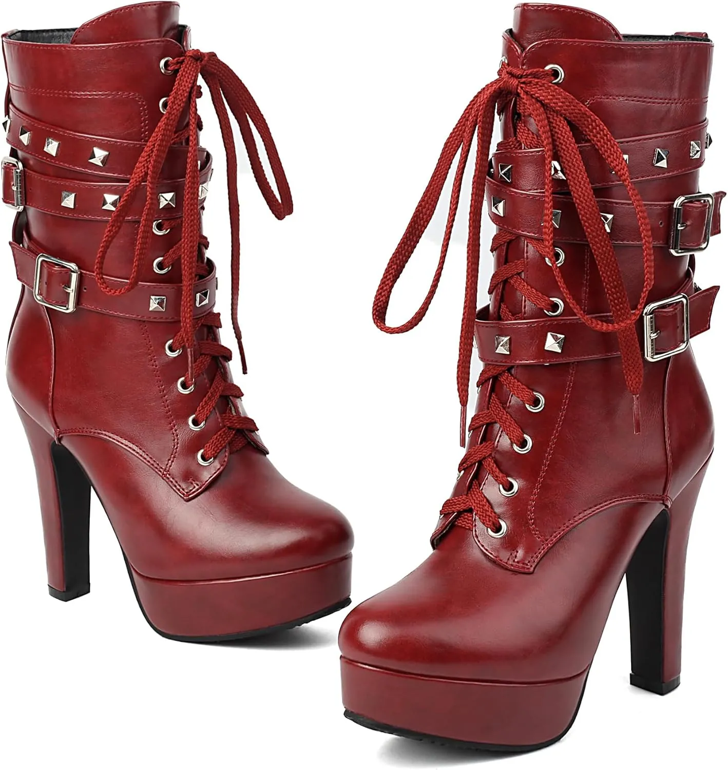 ForeMode Women's Goth Leather Block Heel Ankle Boots Fashion Studded Ankle Strap Trim Punk Boots