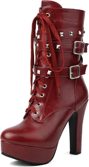 ForeMode Women's Goth Leather Block Heel Ankle Boots Fashion Studded Ankle Strap Trim Punk Boots