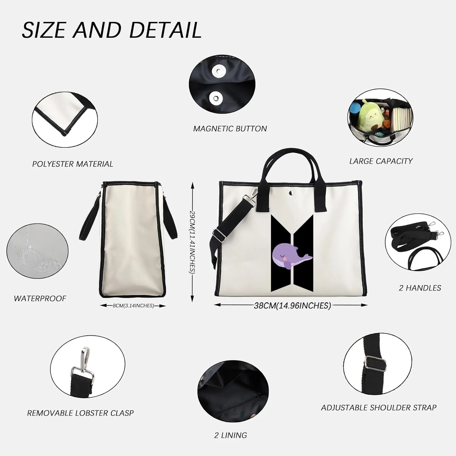 FOTAP K-pop Characters Tote Bag Army Boys Gift Purple Whale Tote K-pop Inspired Shoulder Bag Army Members Fans Merch