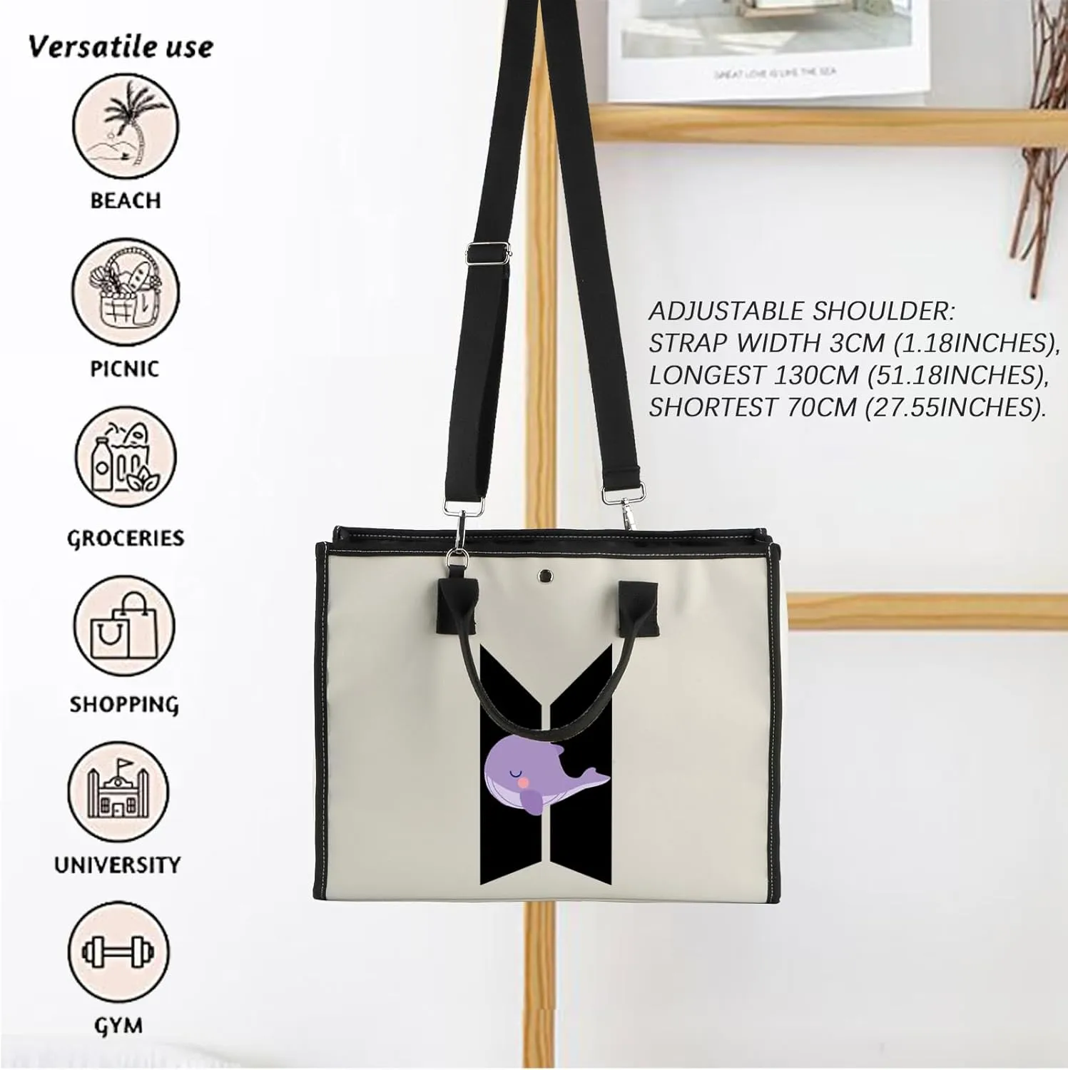 FOTAP K-pop Characters Tote Bag Army Boys Gift Purple Whale Tote K-pop Inspired Shoulder Bag Army Members Fans Merch