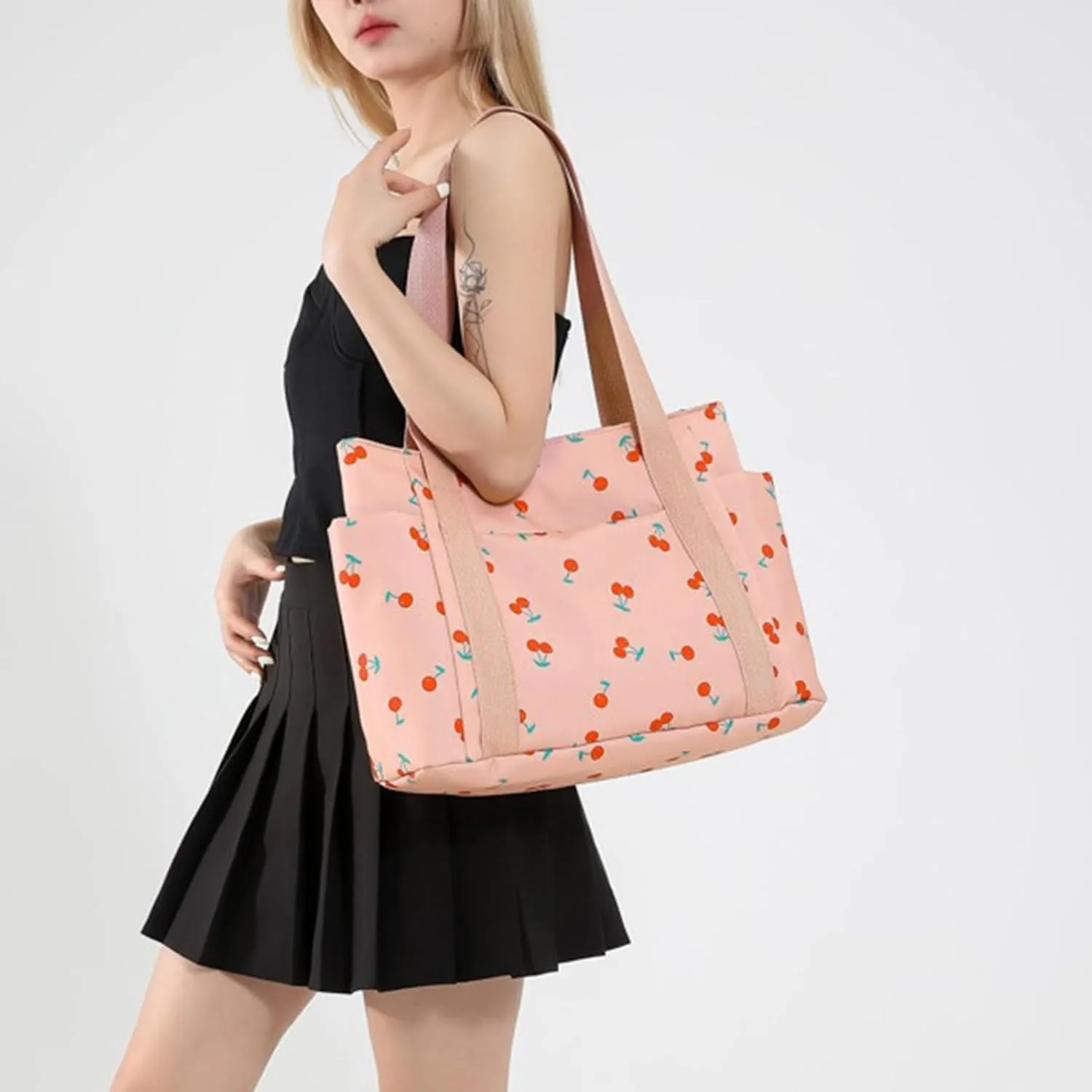 FOTN Cherry Tote Bag for Women, Everyday Work Tote,Large CanvasTote Purse with Multiple Pockets for Travel Daily Use
