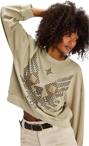 Free People One Teaspoon Sundae Eagle Studded Crew Pullover Size Small Taupe