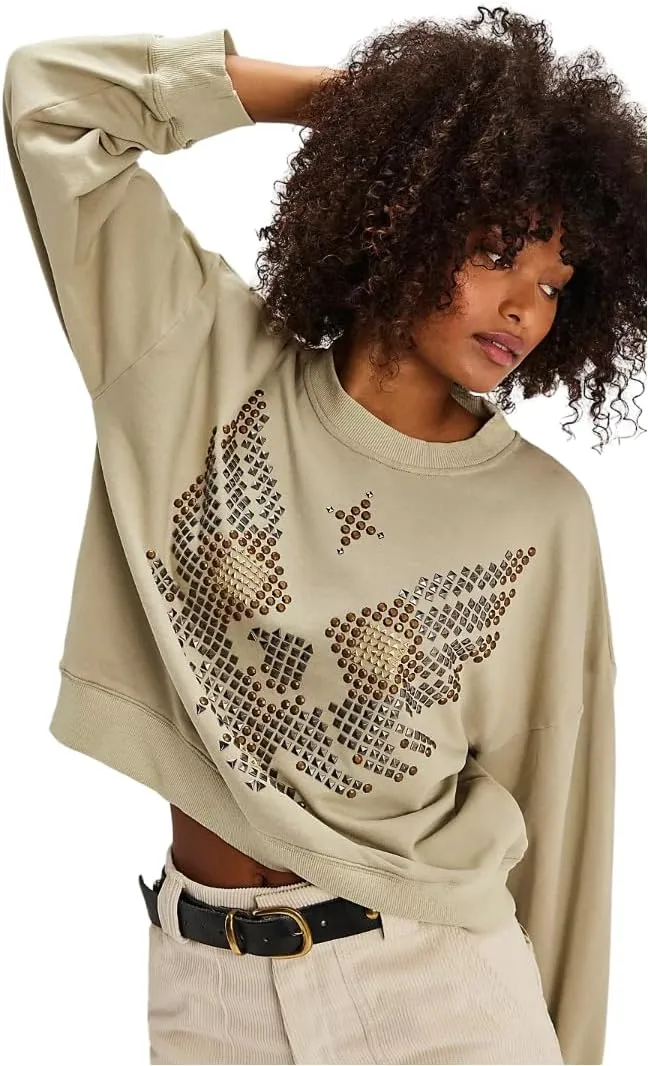 Free People One Teaspoon Sundae Eagle Studded Crew Pullover Size Small Taupe