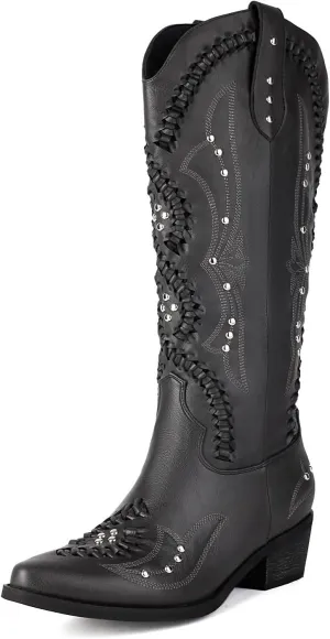 Fringe Cowboy Boots for Women Wide Calf Embroidered Tassal Cowgirl Boot Knee High Snip Toe Pull On Western Shoes