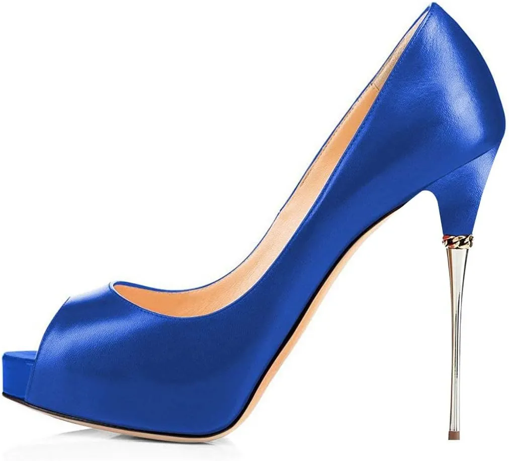 FSJ Women Classic Peep Toe Platform Heel Pumps Super High Sexy Metal Stiletto Slip On Party Shoes Size 4-15 US