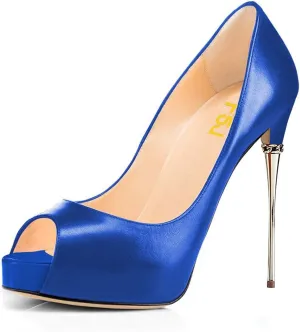 FSJ Women Classic Peep Toe Platform Heel Pumps Super High Sexy Metal Stiletto Slip On Party Shoes Size 4-15 US