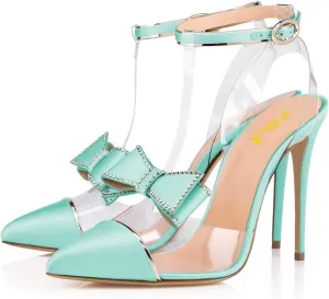 FSJ Women Clear T Strap Pointed Toe Stiletto High Heels Dress Pumps Sandals with Rhinestone Studded Bows Size 4-15 US