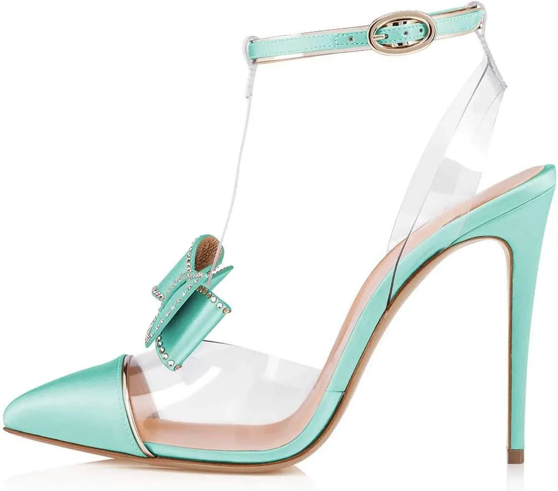 FSJ Women Clear T Strap Pointed Toe Stiletto High Heels Dress Pumps Sandals with Rhinestone Studded Bows Size 4-15 US