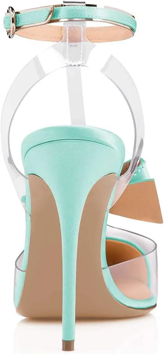 FSJ Women Clear T Strap Pointed Toe Stiletto High Heels Dress Pumps Sandals with Rhinestone Studded Bows Size 4-15 US