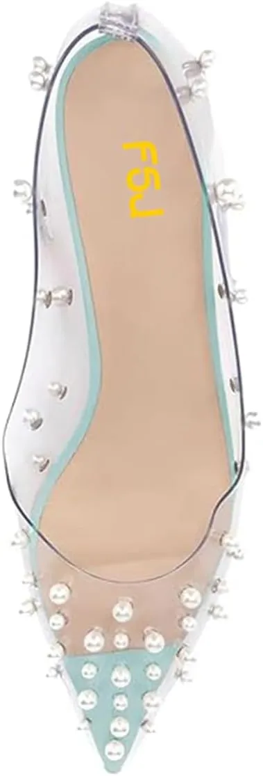FSJ Women Fashion Transparent Clear Pumps Kitten Low Heels Studded Rhinestones Studs Slip On Bridal Party Dress Shoes Size 4-15 US