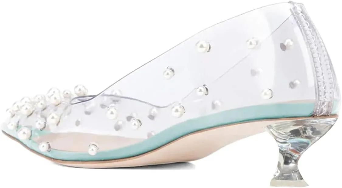 FSJ Women Fashion Transparent Clear Pumps Kitten Low Heels Studded Rhinestones Studs Slip On Bridal Party Dress Shoes Size 4-15 US