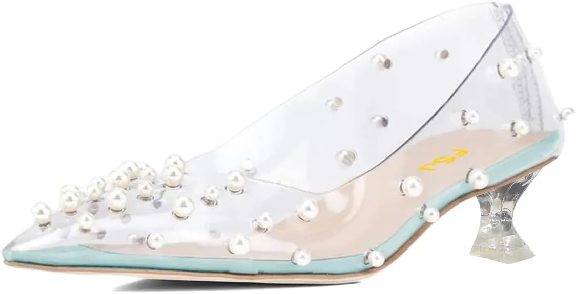 FSJ Women Fashion Transparent Clear Pumps Kitten Low Heels Studded Rhinestones Studs Slip On Bridal Party Dress Shoes Size 4-15 US