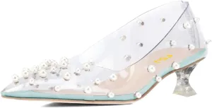 FSJ Women Fashion Transparent Clear Pumps Kitten Low Heels Studded Rhinestones Studs Slip On Bridal Party Dress Shoes Size 4-15 US