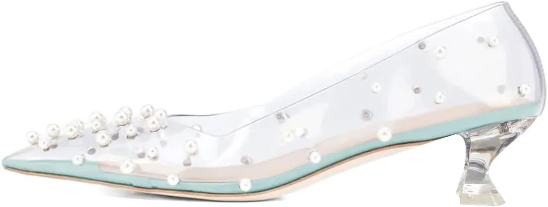 FSJ Women Fashion Transparent Clear Pumps Kitten Low Heels Studded Rhinestones Studs Slip On Bridal Party Dress Shoes Size 4-15 US