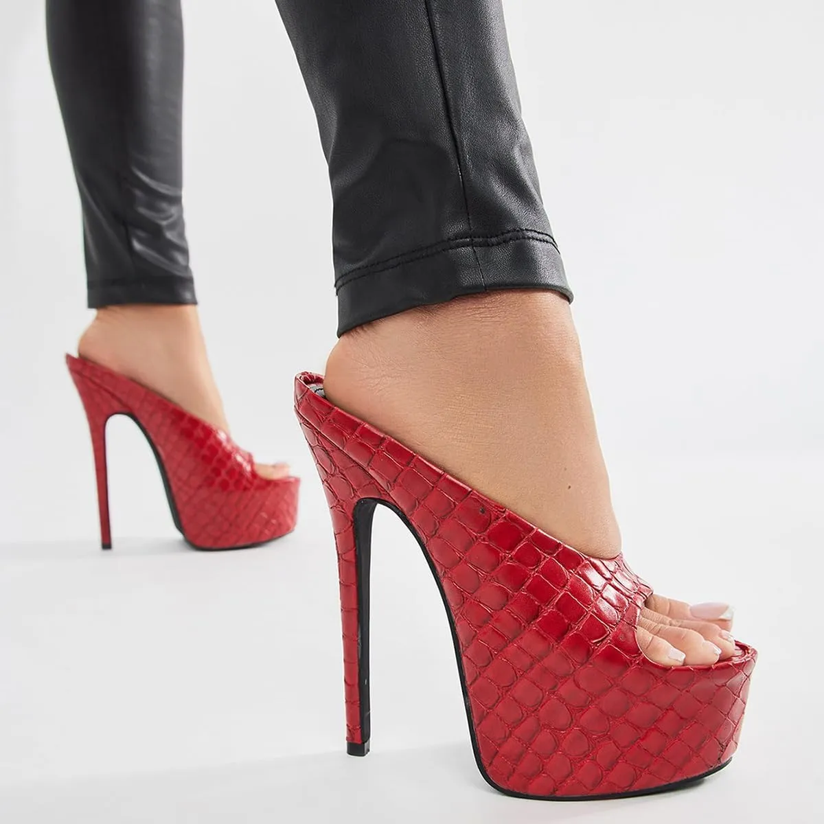 FSJ Women Platform High Stiletto Heels Open Toe Slip On Sandals Embossed Crocodile Effect Pumps Shoes for Sexy Dress Wedding Party Club Size 4-16 US