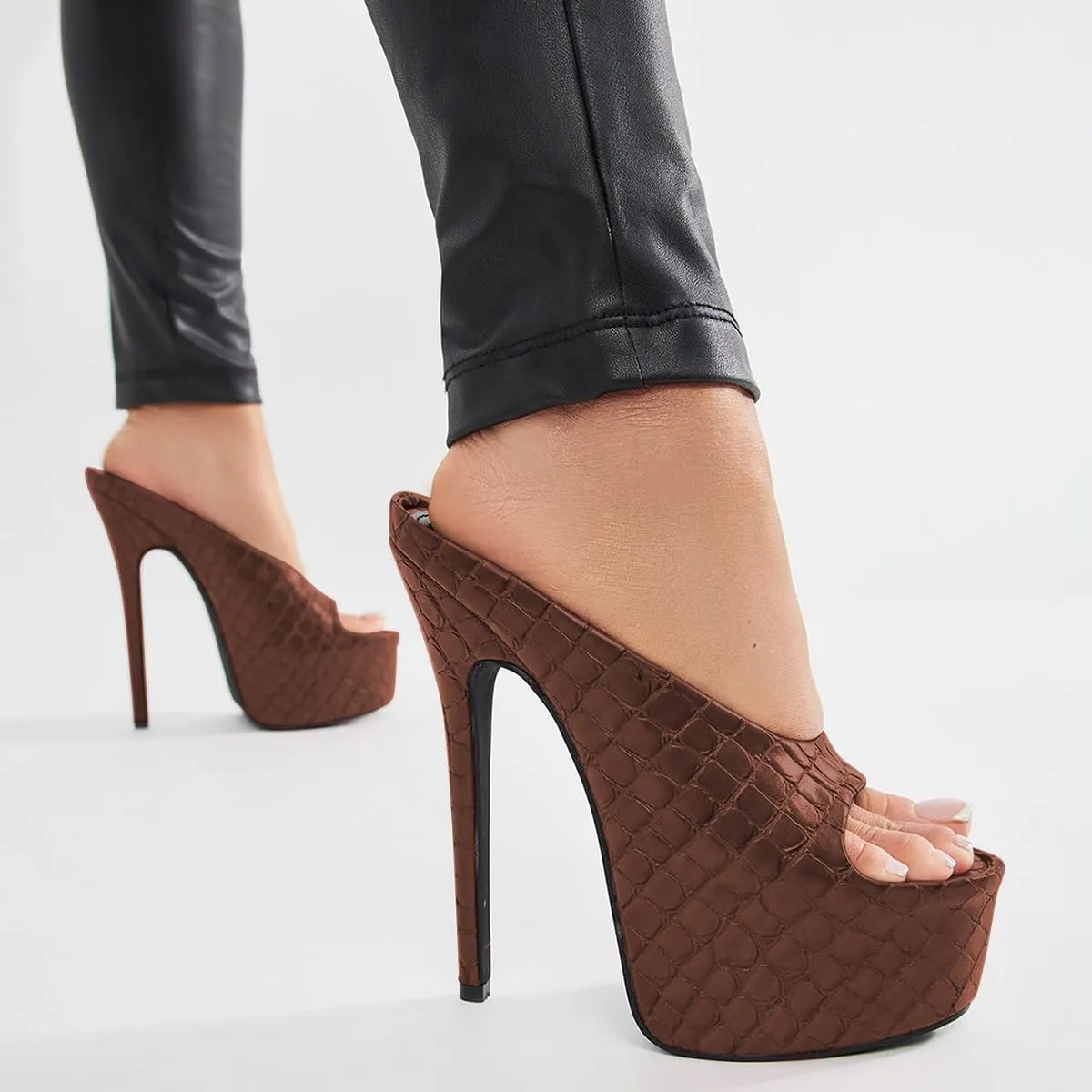 FSJ Women Platform High Stiletto Heels Open Toe Slip On Sandals Embossed Crocodile Effect Pumps Shoes for Sexy Dress Wedding Party Club Size 4-16 US