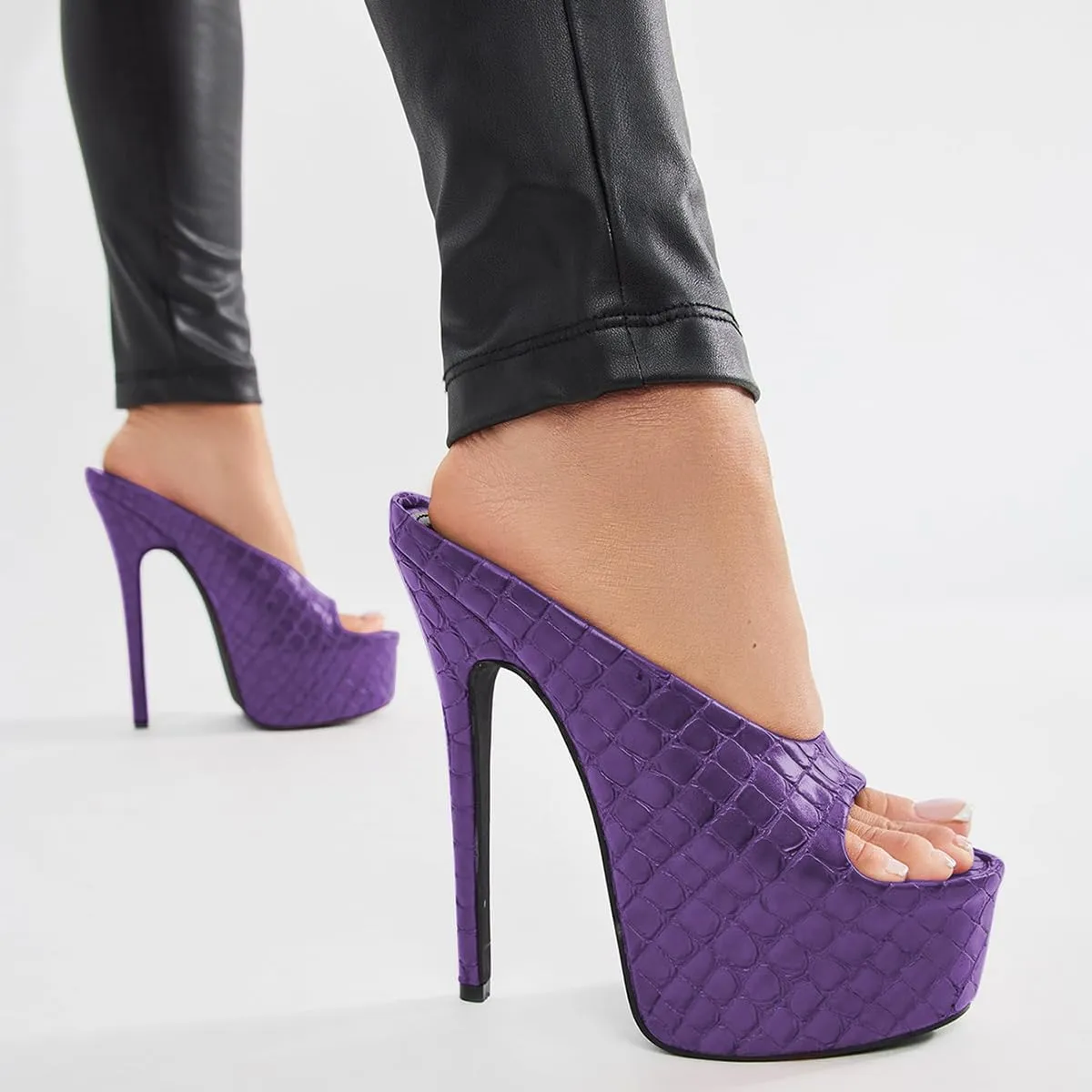 FSJ Women Platform High Stiletto Heels Open Toe Slip On Sandals Embossed Crocodile Effect Pumps Shoes for Sexy Dress Wedding Party Club Size 4-16 US
