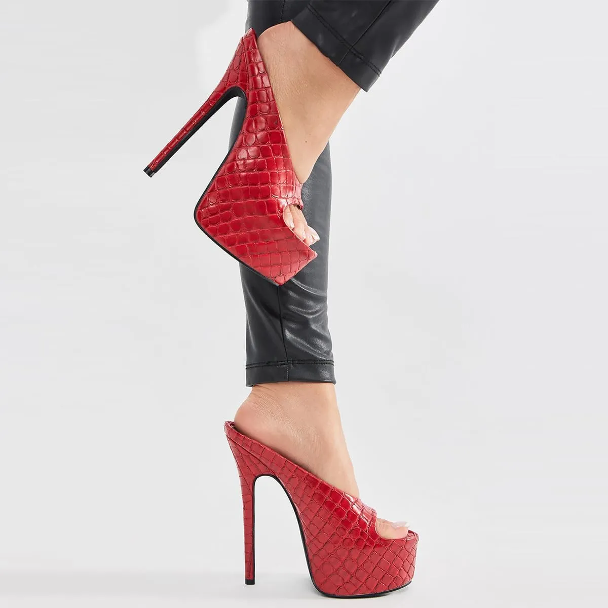 FSJ Women Platform High Stiletto Heels Open Toe Slip On Sandals Embossed Crocodile Effect Pumps Shoes for Sexy Dress Wedding Party Club Size 4-16 US
