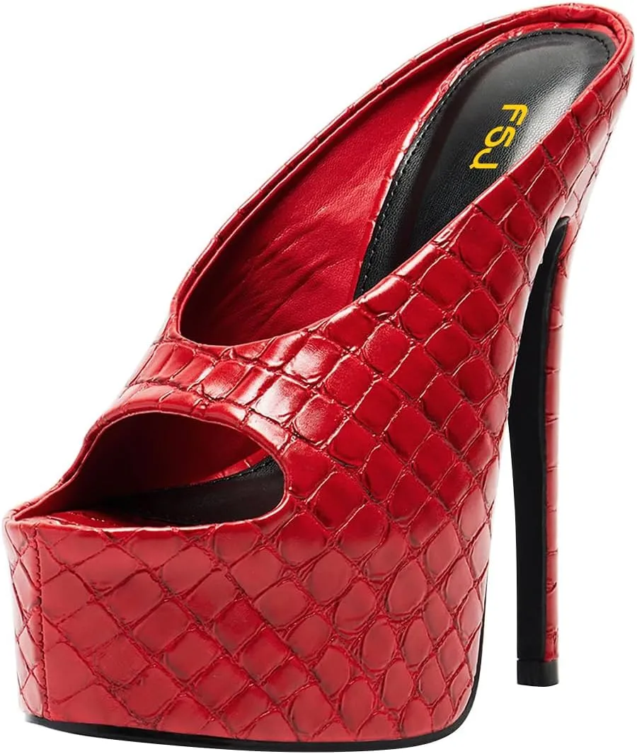FSJ Women Platform High Stiletto Heels Open Toe Slip On Sandals Embossed Crocodile Effect Pumps Shoes for Sexy Dress Wedding Party Club Size 4-16 US