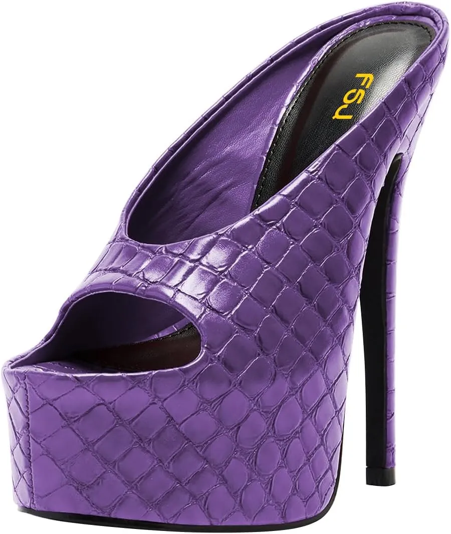 FSJ Women Platform High Stiletto Heels Open Toe Slip On Sandals Embossed Crocodile Effect Pumps Shoes for Sexy Dress Wedding Party Club Size 4-16 US
