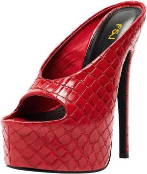 FSJ Women Platform High Stiletto Heels Open Toe Slip On Sandals Embossed Crocodile Effect Pumps Shoes for Sexy Dress Wedding Party Club Size 4-16 US