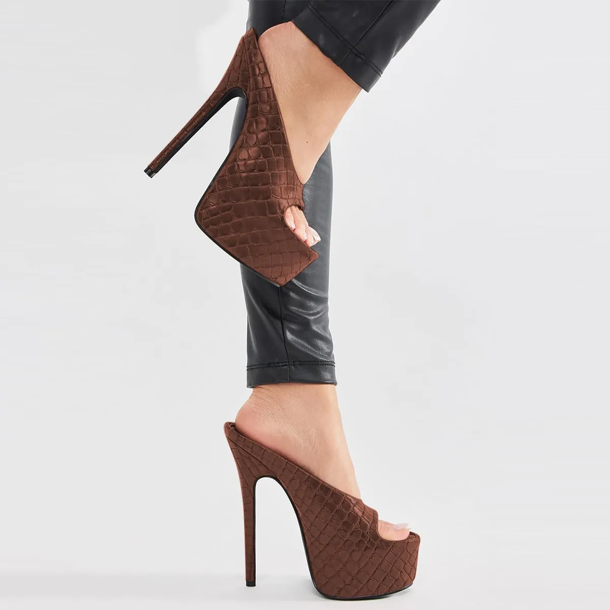 FSJ Women Platform High Stiletto Heels Open Toe Slip On Sandals Embossed Crocodile Effect Pumps Shoes for Sexy Dress Wedding Party Club Size 4-16 US