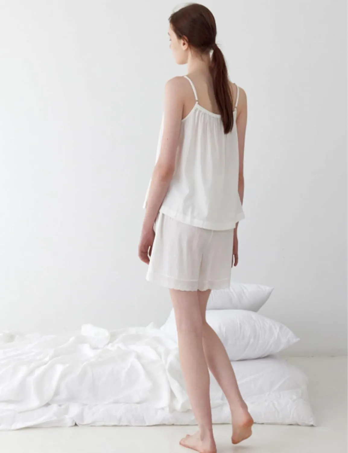 Fuiyangr Women's Spring And Summer 100% Cotton Pajama Suspender Shorts Set Retro Home