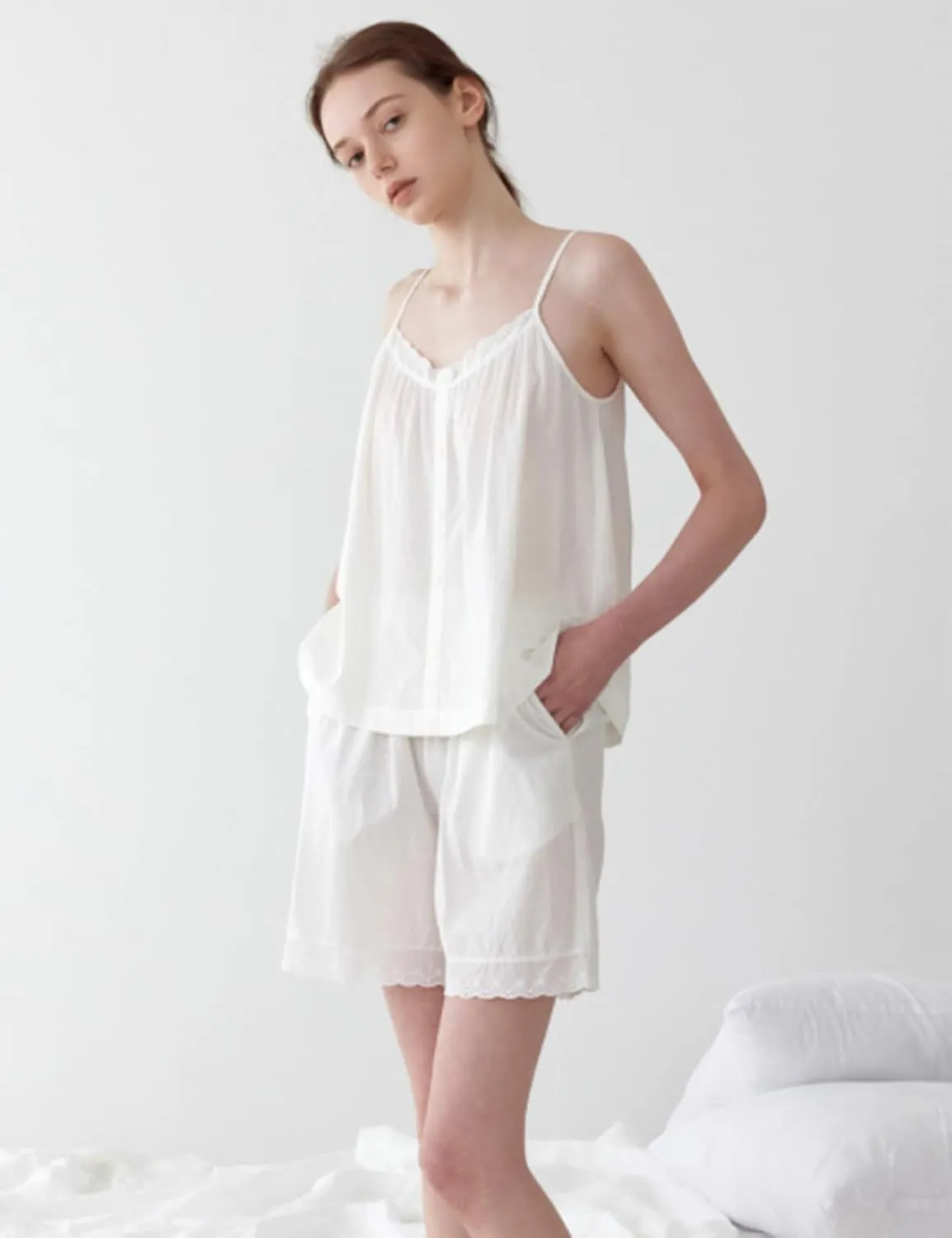 Fuiyangr Women's Spring And Summer 100% Cotton Pajama Suspender Shorts Set Retro Home