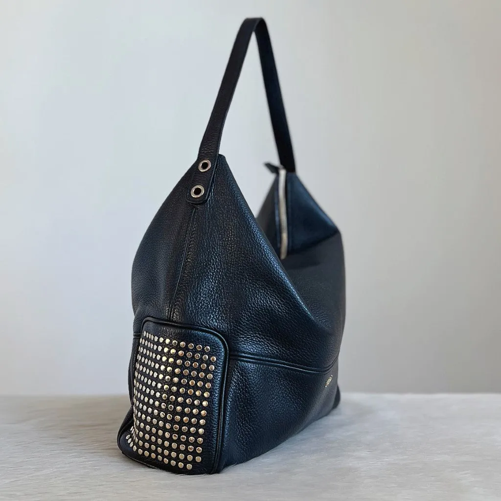 Furla Black Leather Studded Detail Slouchy Shoulder Bag   Pouch Excellent