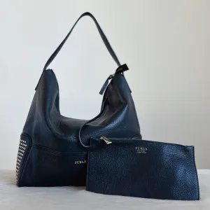 Furla Black Leather Studded Detail Slouchy Shoulder Bag   Pouch Excellent