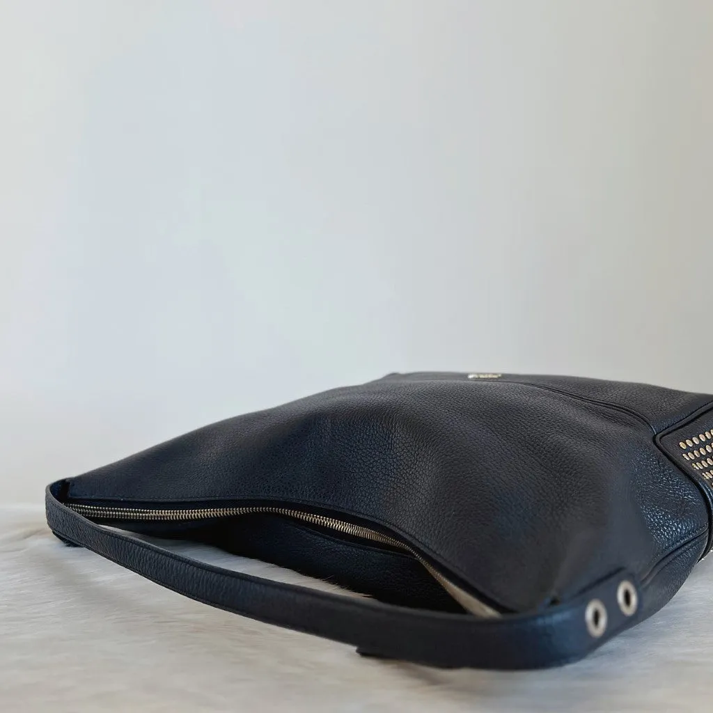 Furla Black Leather Studded Detail Slouchy Shoulder Bag   Pouch Excellent