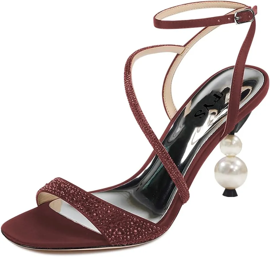 FYS Women Rhinestone Studded Open Toe Sandals Strappy Pearl Block High Heels Ankle Strap Evening Party Prom Shoes Size 4-15 US
