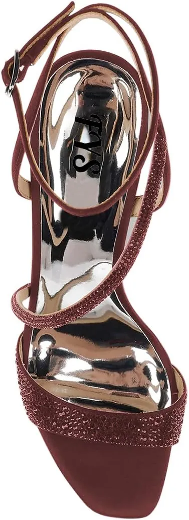 FYS Women Rhinestone Studded Open Toe Sandals Strappy Pearl Block High Heels Ankle Strap Evening Party Prom Shoes Size 4-15 US