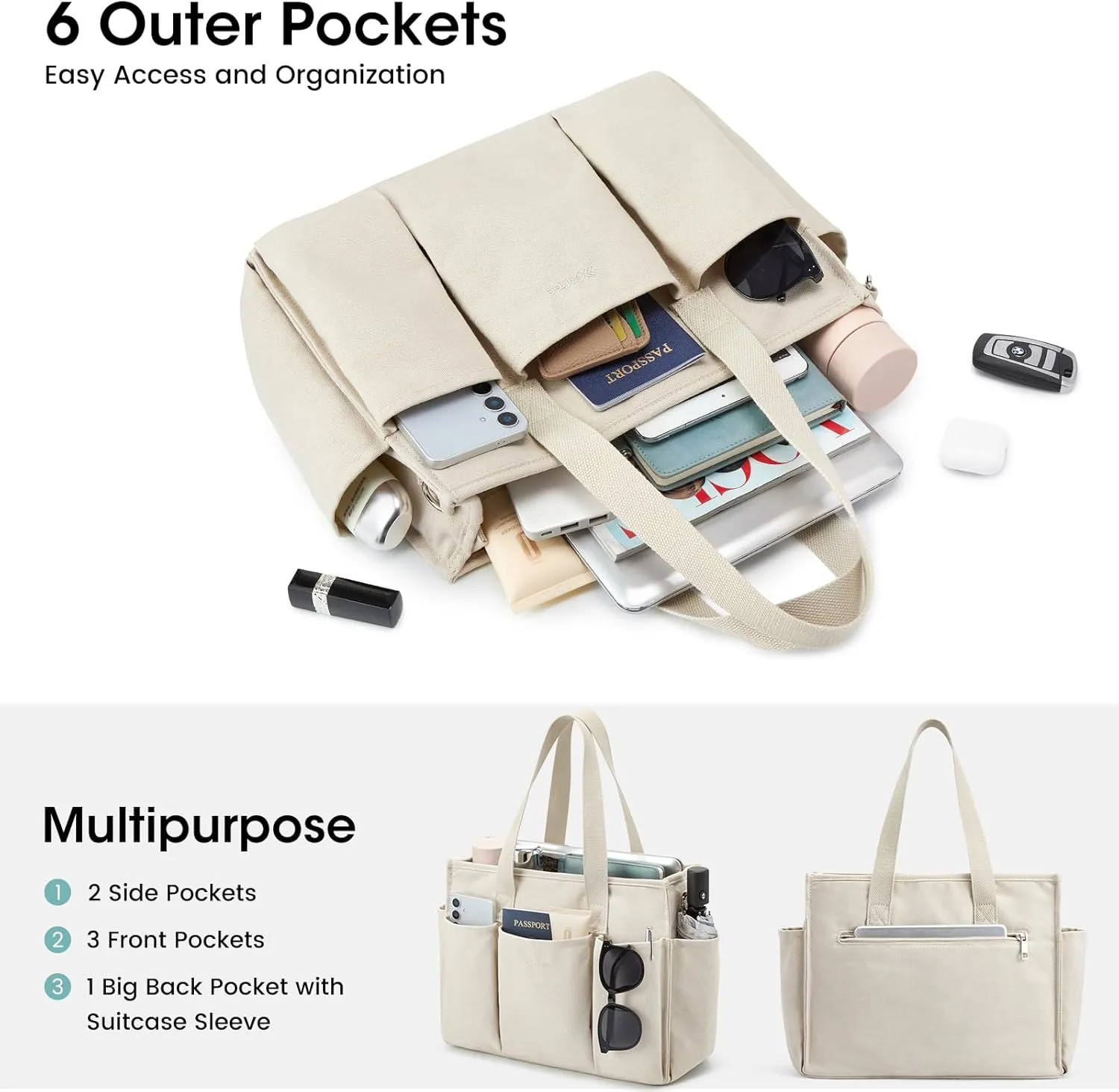 G4Free Canvas Tote Bag for Women with Pockets, Durable Crossbody Work Zipper Bag for Laptop, Bible, Nurse, Teacher, College