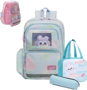 Geerlaqaly backpack, cute 180 ° zipper backpack, 17 inches, daily travel, with lunch bag,blue