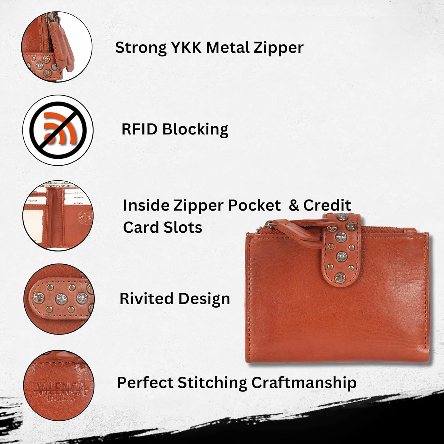 Genuine Italian Leather Boho Studded Bifold Wallet – Zipper Coin Purse & Credit Card Holder for Women (Cognac)