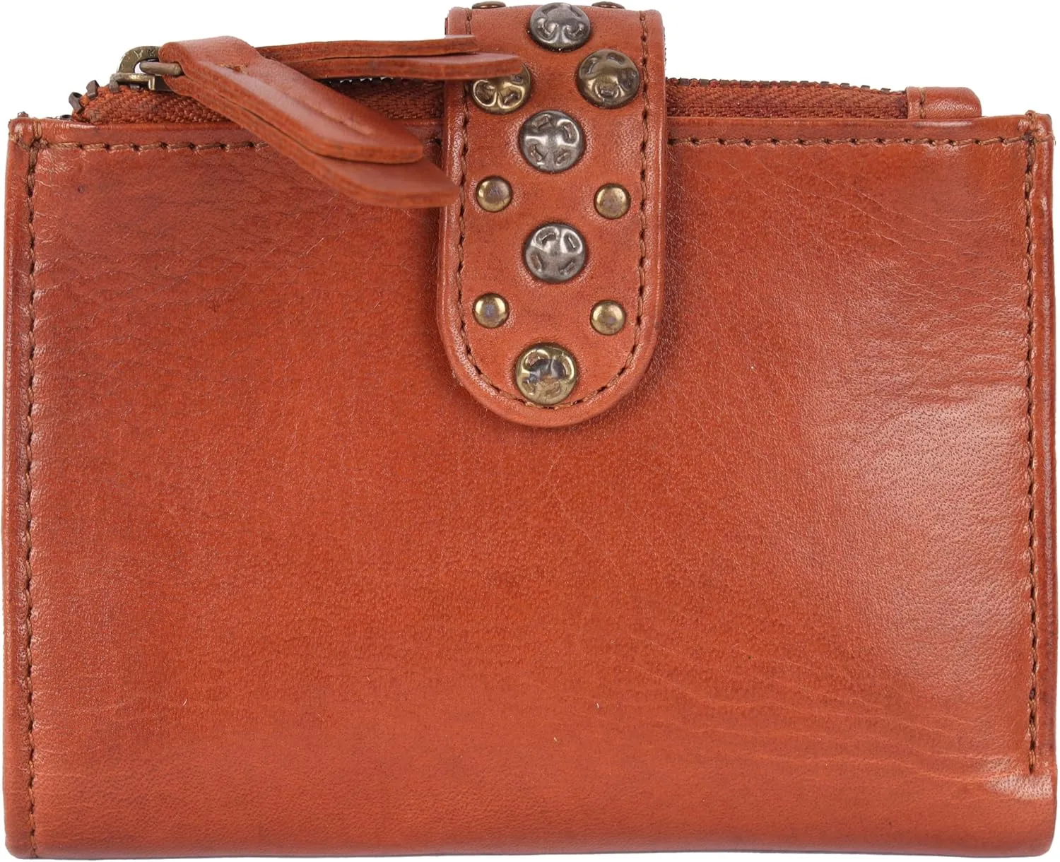 Genuine Italian Leather Boho Studded Bifold Wallet – Zipper Coin Purse & Credit Card Holder for Women (Cognac)