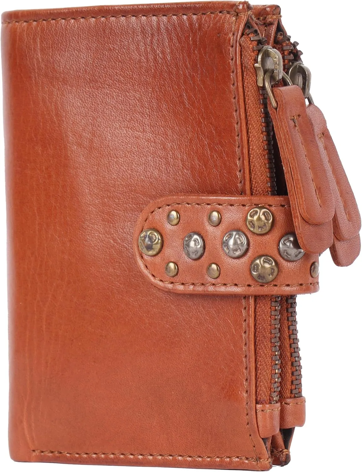 Genuine Italian Leather Boho Studded Bifold Wallet – Zipper Coin Purse & Credit Card Holder for Women (Cognac)