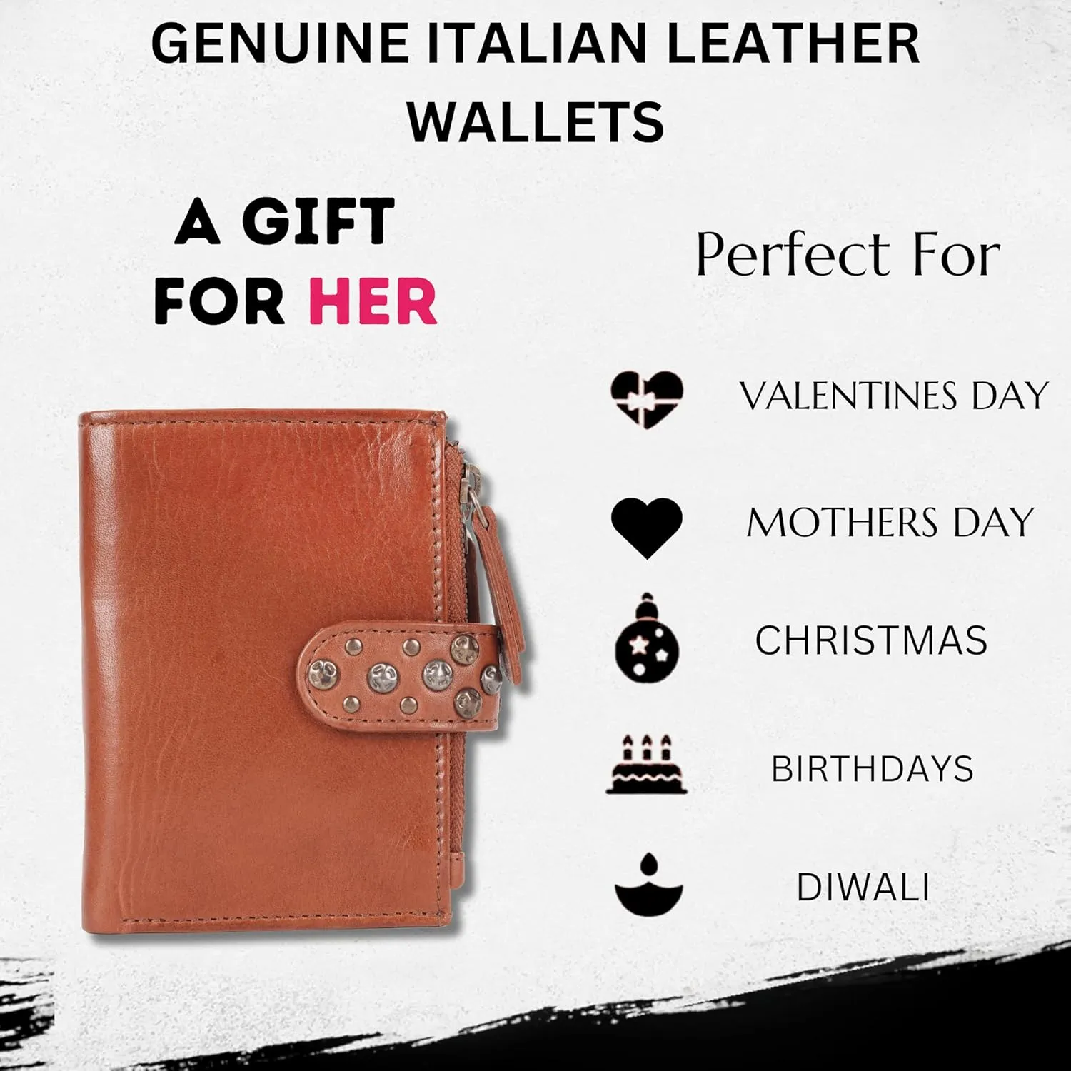 Genuine Italian Leather Boho Studded Bifold Wallet – Zipper Coin Purse & Credit Card Holder for Women (Cognac)