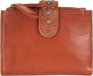 Genuine Italian Leather Boho Studded Bifold Wallet – Zipper Coin Purse & Credit Card Holder for Women (Cognac)