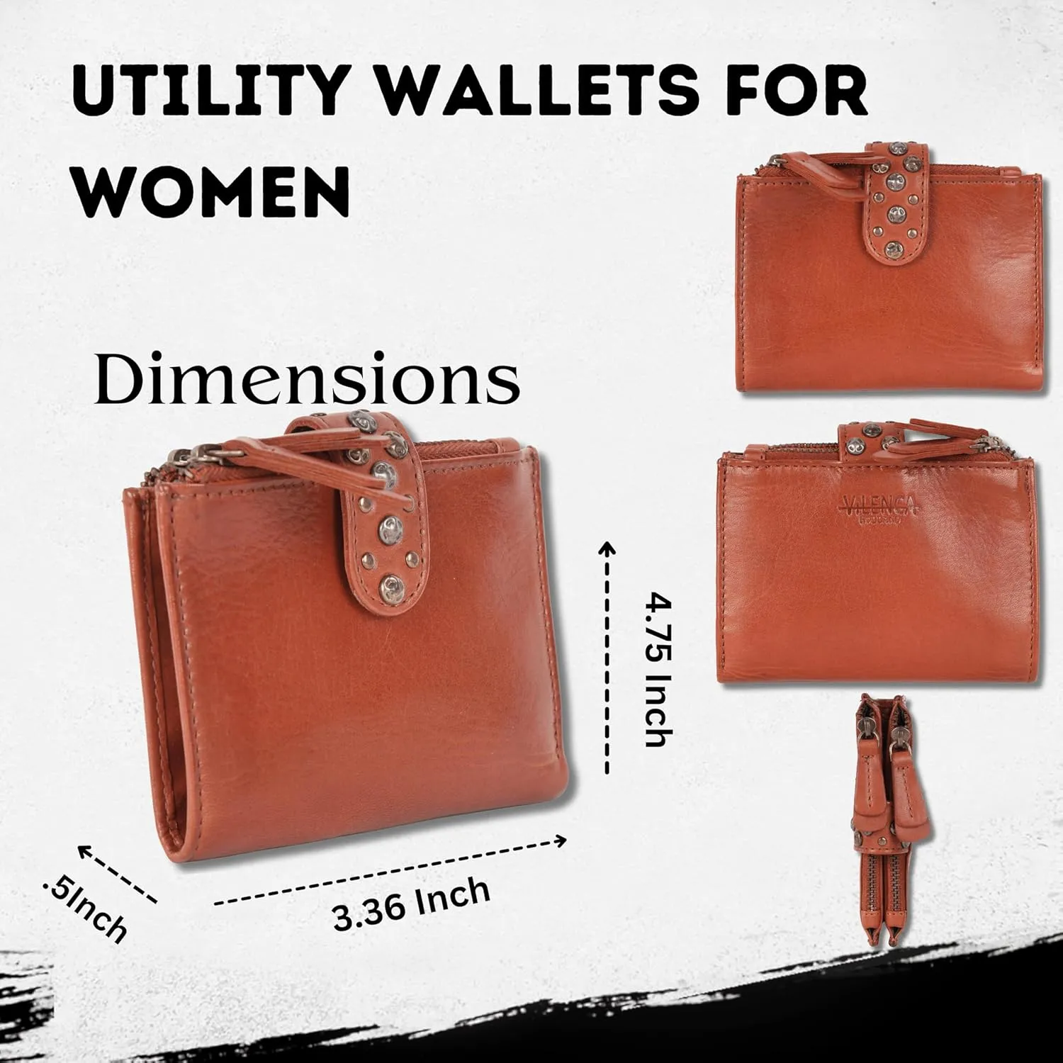 Genuine Italian Leather Boho Studded Bifold Wallet – Zipper Coin Purse & Credit Card Holder for Women (Cognac)