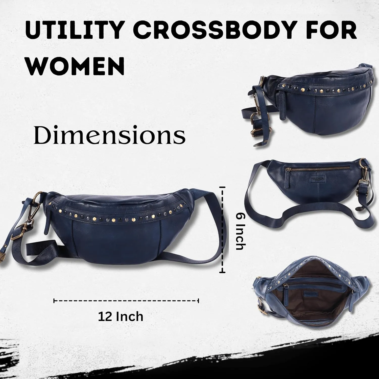 Genuine Italian Leather Boho Studded Waist Bag – Stylish & Durable Unisex Travel Fanny Pack for Essentials (Navy)