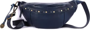 Genuine Italian Leather Boho Studded Waist Bag – Stylish & Durable Unisex Travel Fanny Pack for Essentials (Navy)